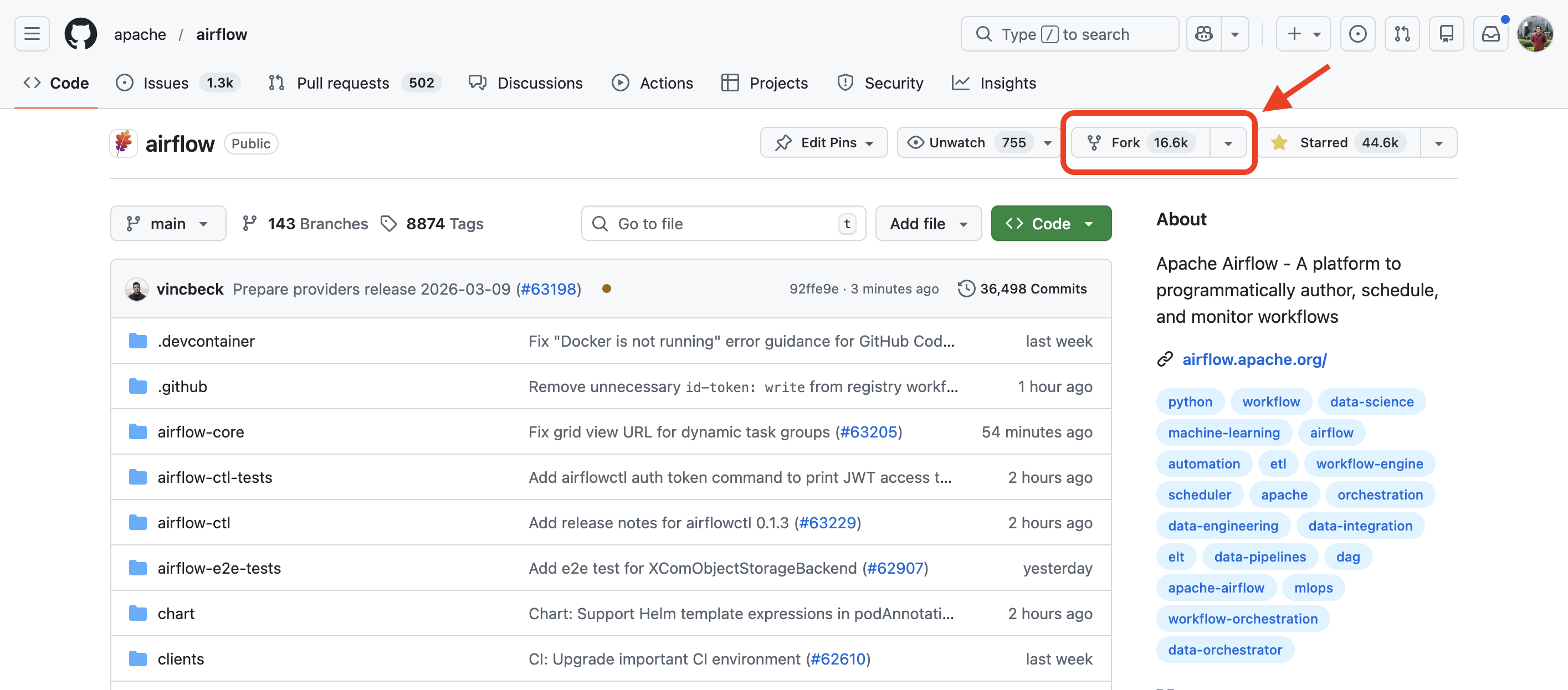Fork Button on the Apache Airflow Repository Page