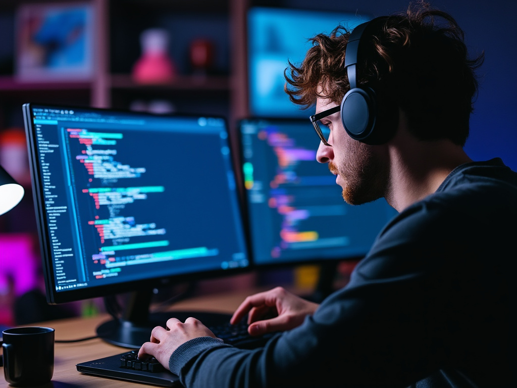 Developer in the flow state coding intensely in a dimly lit room with a blurred background